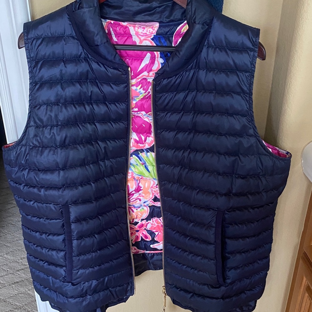 Lilly Pulitzer Quilted Navy Vest with Pink Floral Lining